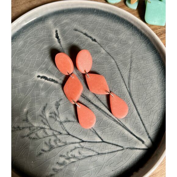 Handmade Polymer Clay Earrings Handcrafted Artwork Coral Sea Glass Dangles - Picture 4 of 5